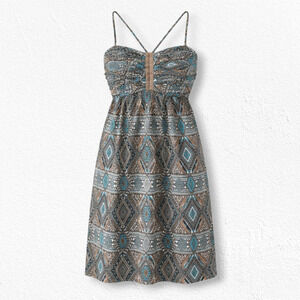 Billabong Teal Aztec Print Mini Dress Crisscross Back Smocked Boho Size Large